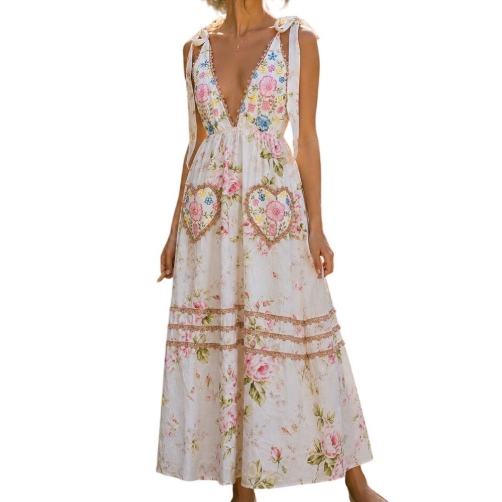 2seeyou White Floral Embroidered Deep V‎ Neck Cottagecore Maxi Dress Size Small